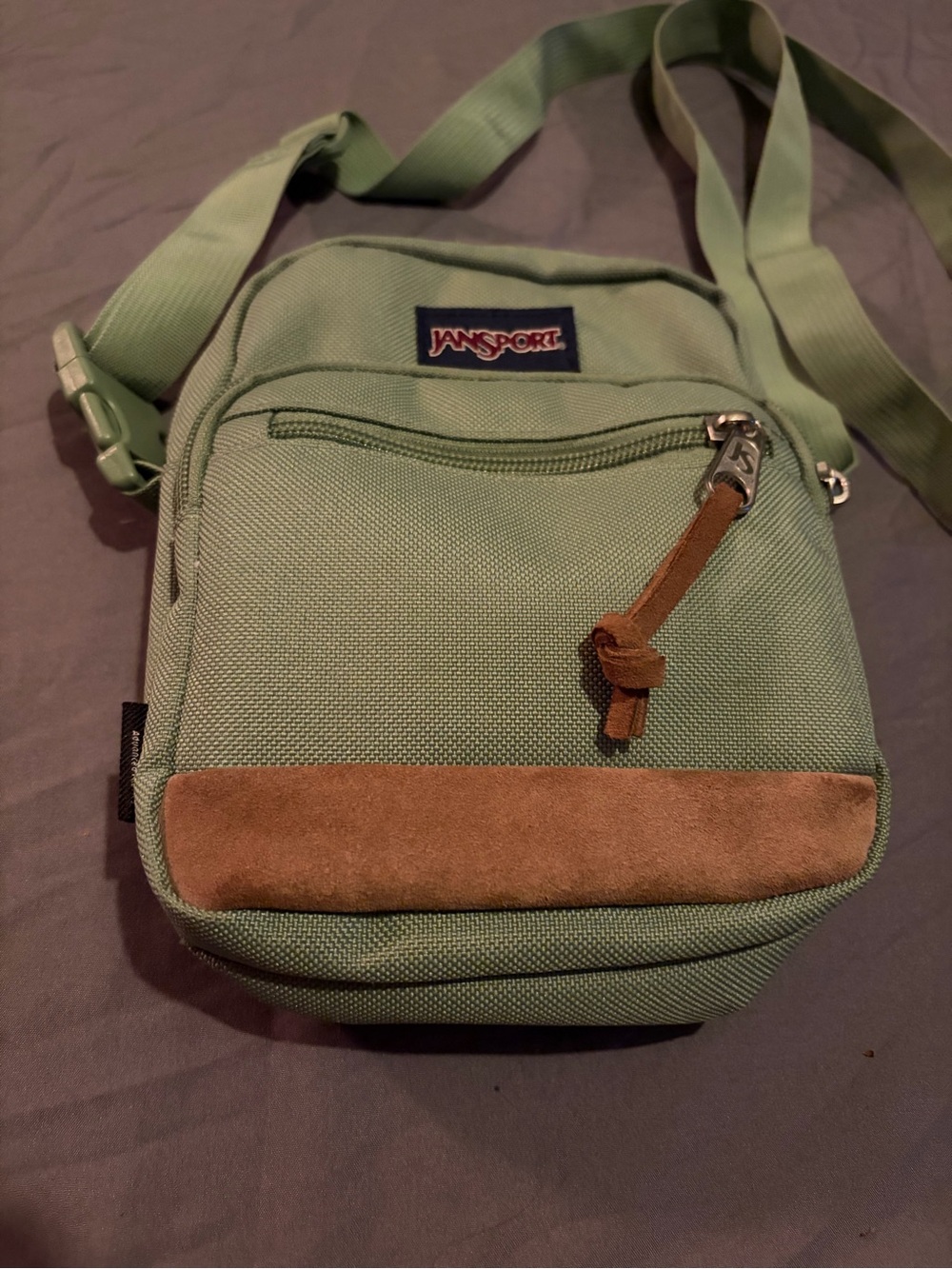 Jansport Light Green Messenger Crossbody Bag with Brown Suede Trim - Picture 5 of 9